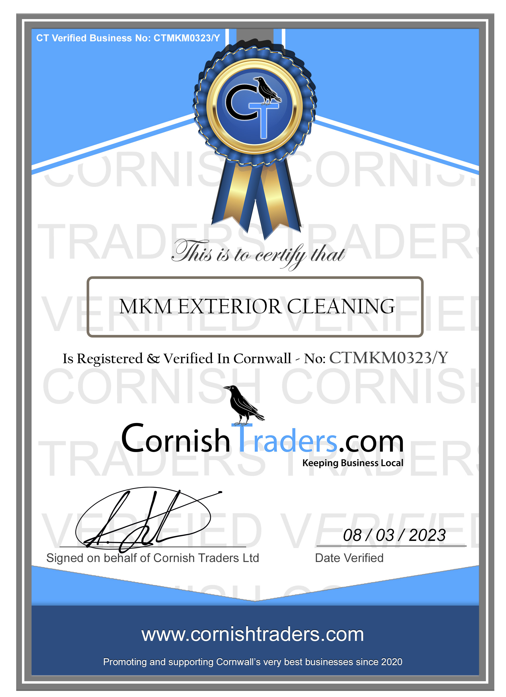 CT Verified Certificate. Cornish Traders.